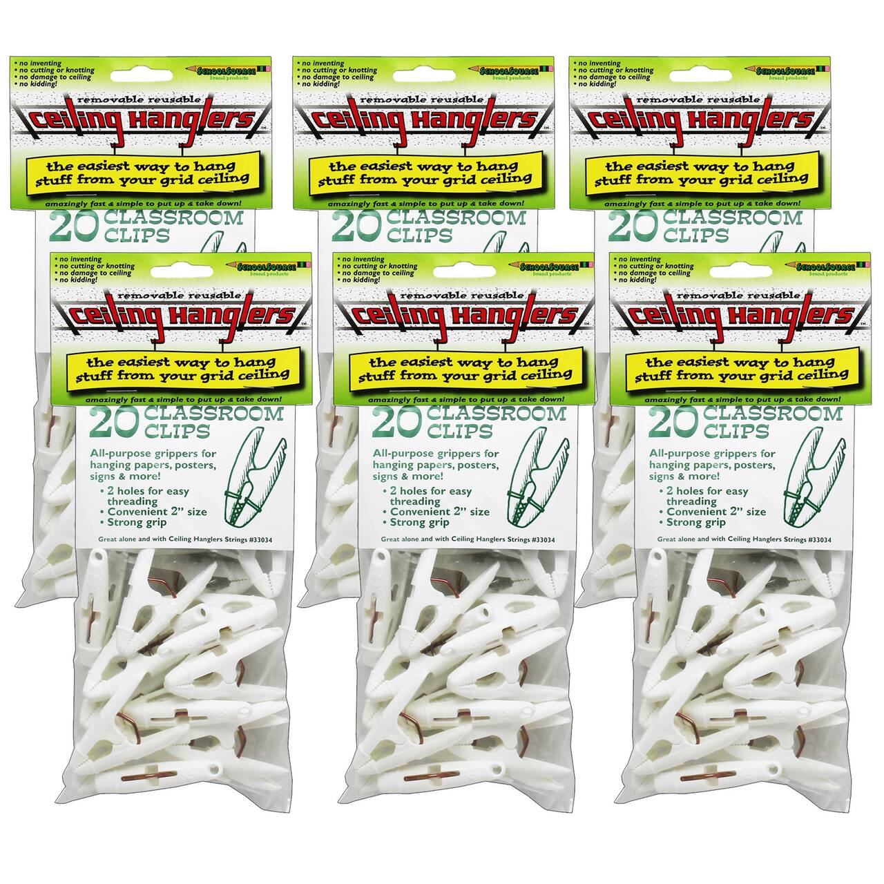 StikkiWorks Grid Ceiling Hanglers™ Clothes Pin Clamps™, 6 Packs of 20